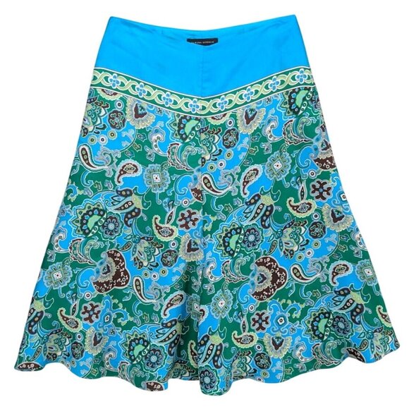 Vtg Banana Republic Silk Midi Skirt Blue Green Paisley A Line Lined Size 0 - Picture 1 of 8